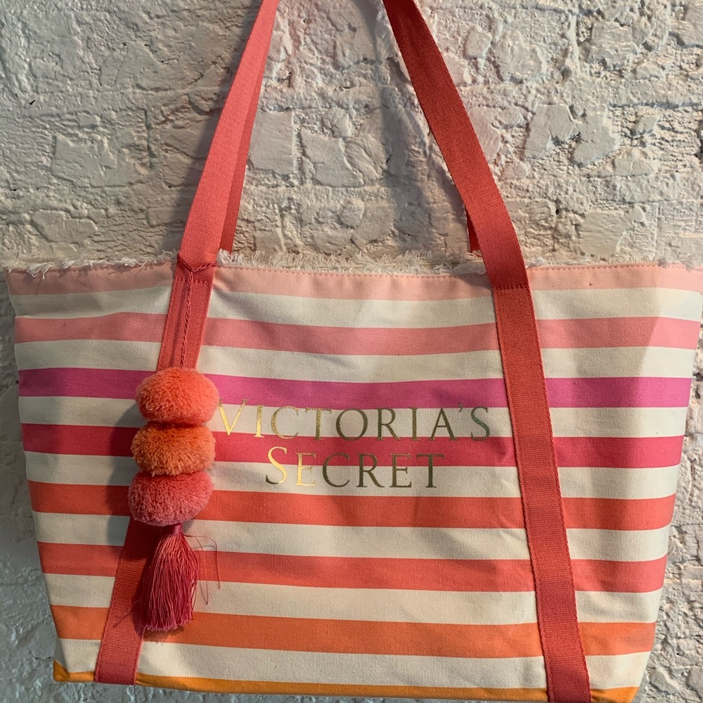 Victoria Secret Pink Striped Pompom Bag